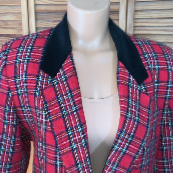 Kim Rogers vintage plaid blazer red & black holiday goth punk velvet collar - Picture 2 of 10